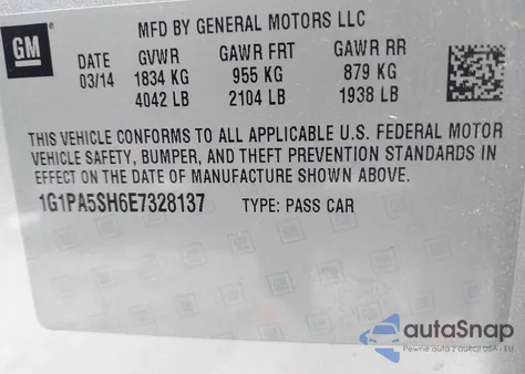 2014 Chevrolet Cruze Ls Auto из США, поврежденный, VIN 1G1PA5SH6E7328137